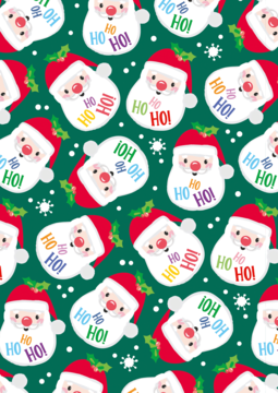 Świąteczny wzór: zielone tło z uśmiechniętymi Mikołajami w czerwonych czapkach, kolorowy napis "HO HO!" i białe płatki śniegu.
