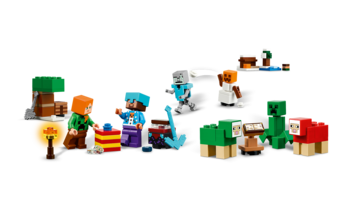 LEGO Minecraft Kalendarz Adwentowy, zestaw figurek: Alex, Steve, Creeper, zombie, Mikołaj, owce, na ciemnym tle.