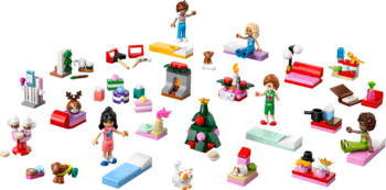 Kalendarz adwentowy LEGO Friends 2025: kolorowa świąteczna sceneria z minilaleczkami, zwierzętami i akcesoriami.