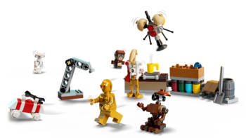 LEGO Star Wars kalendarz adwentowy 2025: figurki C-3PO, BB-8 bałwan, droidy, warsztat na macie.