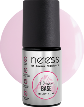 Baza hybrydowa Neess Fiber Base Milky Rose, wzmacniająca płytkę paznokcia, w czarno-różowej butelce, widok z przodu.