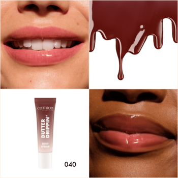 Balsam do ust Catrice Butter Drippin 040 Bisou Bisou. Kolaż zdjęć: usta z połyskiem, tubka i cieknący ciemnobrązowy płyn.