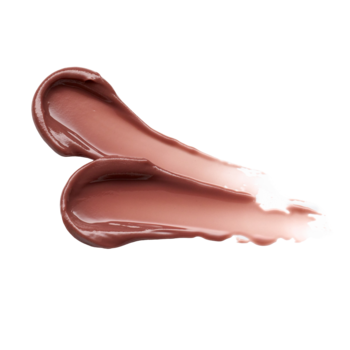 Dwie błyszczące smugi balsamu Essence The Super Peptide Lip Treatment w odcieniu toffi, na czarnym tle.