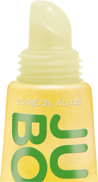 Zbliżenie na żółty, brokatowy błyszczyk Essence Juicy Bomb Mellow Mango z aplikatorem i zielonym napisem.