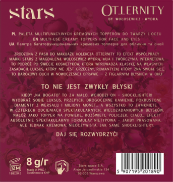 Tył bordowego opakowania palety Stars Otternity. Kremowe toppery/rozświetlacze do twarzy i oczu, 8g, złote napisy.