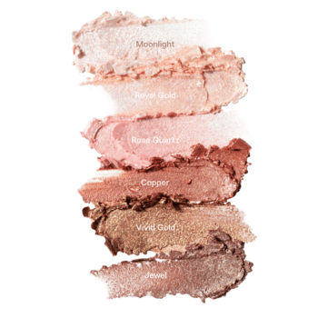 Stos 6 brokatowych próbek cieni Everybody London Shimmer Pen: odcienie Moonlight, Rose Gold do Amber.
