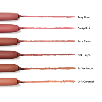 Sześć konturówek Blending Lip Crayon, w tym Pink Taupe, z kolorowymi kreskami na białym tle.