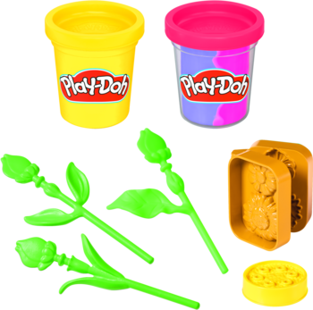 Zestaw Play-Doh Małe Kwiatki z dwoma kubkami ciastoliny (żółty, różowy), trzema zielonymi łodygami i formą do tworzenia kwiatów.