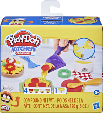 Front view of Play-Doh Kitchen Creations pizza set box showing Play-Doh pizza, tools, and 170g compound.