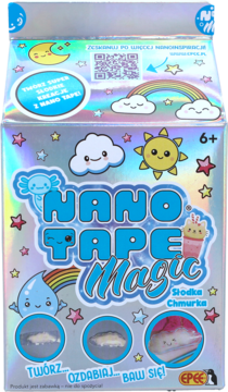 Holograficzne pudełko Nano Tape Magic: srebrne, z uroczymi postaciami, okienkami i napisem 'Słodka Chmurka'.