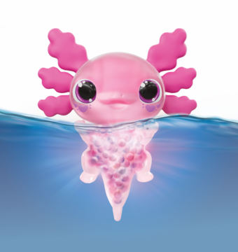 Zabawka Animagic Axolotl, różowa, z dużymi oczami, świecąca pod wodą, widok z przodu, na tle wody.