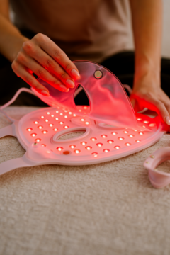 Ręce trzymające różową silikonową maskę LED Beautifly Aura Glam PRO z intensywnymi czerwonymi światłami na jasnym tle.