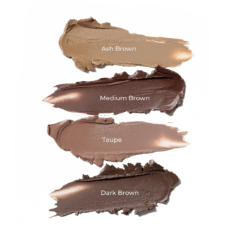 Cztery kremowe próbki pomady do brwi: Ash Brown, Medium Brown, Taupe, Dark Brown, widoczne na białym tle.