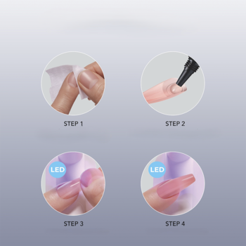 4-etapowa instrukcja aplikacji różowych paznokci Kiss Salon X-tend LED, z żelem i lampą LED.