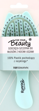 Dziecięca szczotka For Your Beauty w kształcie kota, miętowa, z recyklingu, widok z przodu w opakowaniu.