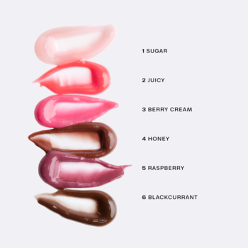 Sześć błyszczących swatchy Lumene Lip Glow Oil Balm: od różu Sugar do ciemnego Blackcurrant, ułożone pionowo.