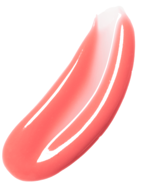 Smuga rozświetlająco-nawilżającego błyszczyka Lumene Peach Pink, o intensywnym połysku, na ciemnym tle.