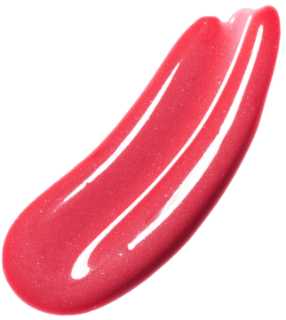 Lumene Bright Rose, rozświetlający błyszczyk do ust: lśniący, różowo-koralowy swatch z intensywnym połyskiem na czarnym tle.