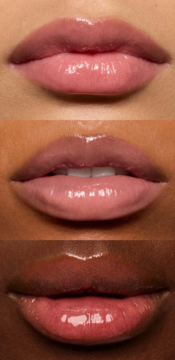 e.l.f. Glow Reviver Lip Oil It's Giving Guava na ustach o 3 odcieniach skóry; błyszczący, różowo-beżowy odcień.