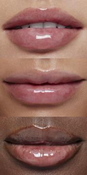 Trzy zbliżenia ust o różnych odcieniach skóry, pokryte błyszczącym olejkiem e.l.f. Glow Reviver w kolorze Coral Fixation.