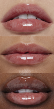 e.l.f. Glow Reviver Lip Oil Honey Talks na ustach o trzech karnacjach, błyszczące, lekko brązowo-różowe wykończenie.