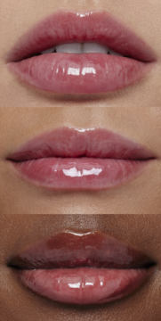 e.l.f. Glow Reviver Lip Oil Red Delicious na 3 parach ust: ultrabłyszczący róż, nawilża i podkreśla kolor.