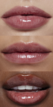 e.l.f. Glow Reviver Lip Oil Jam Session: trzy zbliżenia ust, podkreślone błyszczącym, naturalnym kolorem.