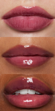 Trzy ujęcia ust z balsamem e.l.f. Glow Reviver Melting Yummy Gummy, pokazujące błyszczący, śliwkowy odcień na różnych karnacjach.