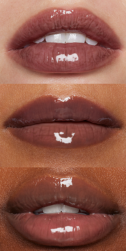 e.l.f. Glow Reviver Melting Butter Balm Java Chip, błyszczący, brązowo-mauve odcień na ustach o różnej karnacji.