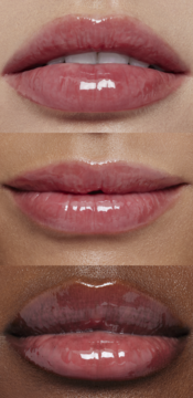 Odżywczy olejek do ust e.l.f. Glow Reviver Rose Envy, ultrabłyszczący na trzech zbliżeniach ust o różnych odcieniach skóry.