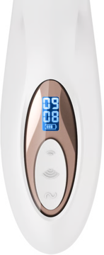 Satisfyer Pro+ G-Spot biały z rose gold akcentem, cyfrowy wyświetlacz 09/08, bateria, 3 przyciski sterowania.