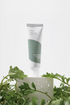 Kojący krem Isntree Mugwort Calming Cream w białej tubce, widok z przodu na białym postumencie otoczonym piołunem.