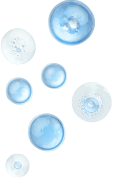 Abstrakcyjne ujęcie niebieskich kropli i bąbelków Lumene Nordic Hydra, symbolizujące nawilżający koktajl prebiotyczny.