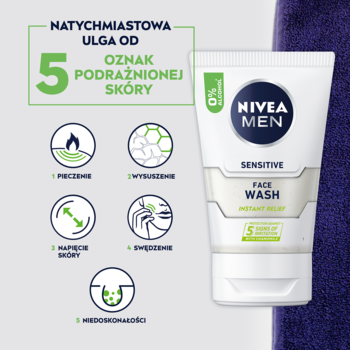 Biała tubka NIVEA MEN Sensitive Żel do mycia twarzy, widok z przodu, obok grafika 5 oznak ulgi.