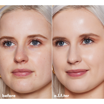 e.l.f. Soft Glam nawilżający podkład, porównanie przed i po: skóra z niedoskonałościami i gładka, promienna cera.