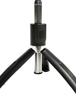 Czarny mini statyw fotograficzny z metalowym mocowaniem i regulowaną głowicą, widok centralny.