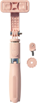 Różowy, składany selfie stick z funkcją statywu, widok z przodu. Widoczne teksturowane elementy i akcesoria.