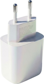Biała ładowarka sieciowa 20W USB-C z europejską wtyczką, widok z przodu, lekko widoczne detale.
