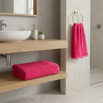 Fuksjowy ręcznik bawełniany złożony na drewnianej półce, drugi wisi obok umywalki w łazience.