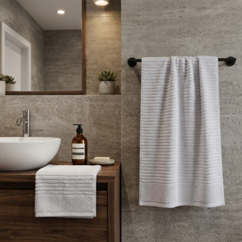 Puszysty biały ręcznik z cienkimi szarymi paskami, wiszący na czarnym wieszaku w nowoczesnej łazience.