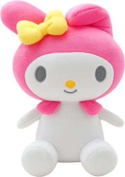My Melody, różowy pluszowy króliczek z Sanrio, w żółtej kokardce, siedzi przodem na białym tle.