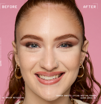 NYX Wonder Snatch Puder Sugar Serve: Kobieta; lewa strona naturalna, prawa wygładzona, matowa po pudrze.