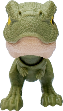 Zielona figurka dinozaura T-Rex z dużymi żółtymi oczami, z przodu. Stylizowana zabawka z chropowatą teksturą.