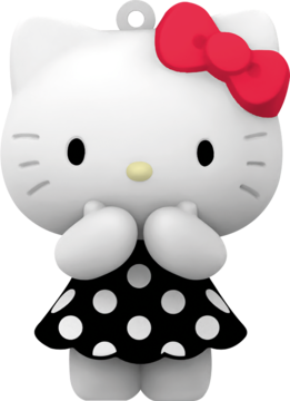 Biały breloczek Hello Kitty w czarnej sukience w białe grochy, z czerwoną kokardą, rączki złożone, widok z przodu.