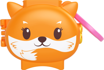 Urocze urządzenie lub zabawka dla dzieci, w intensywnym pomarańczowo-białym kształcie lisa z dużymi oczami. Widok z przodu.