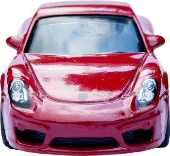 Jaskrawoczerwony model samochodu sportowego, widok z przodu, prezentujący lśniący lakier i szczegółowe reflektory.