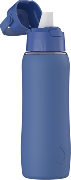 Matowa granatowa butelka filtrująca Dafi SOLID GLASS SILIKONFIT 0,63l, otwarte wieczko, biała słomka.