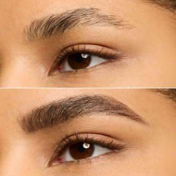 Makijaż brwi: efekt przed i po. Na górze naturalne, cienkie brwi, na dole zagęszczone, podkreślone i ciemniejsze.