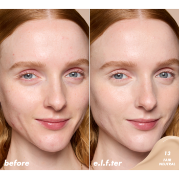 Przed i po: twarz kobiety, cera wyrównana podkładem e.l.f. 13 FAIR NEUTRAL. Obok próbka koloru.