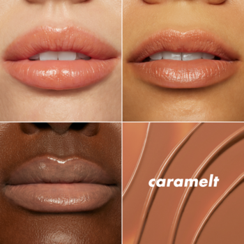 Trzy ujęcia ust z błyszczykiem Caramelt na różnych karnacjach; obok próbki koloru i napis "caramelt".
